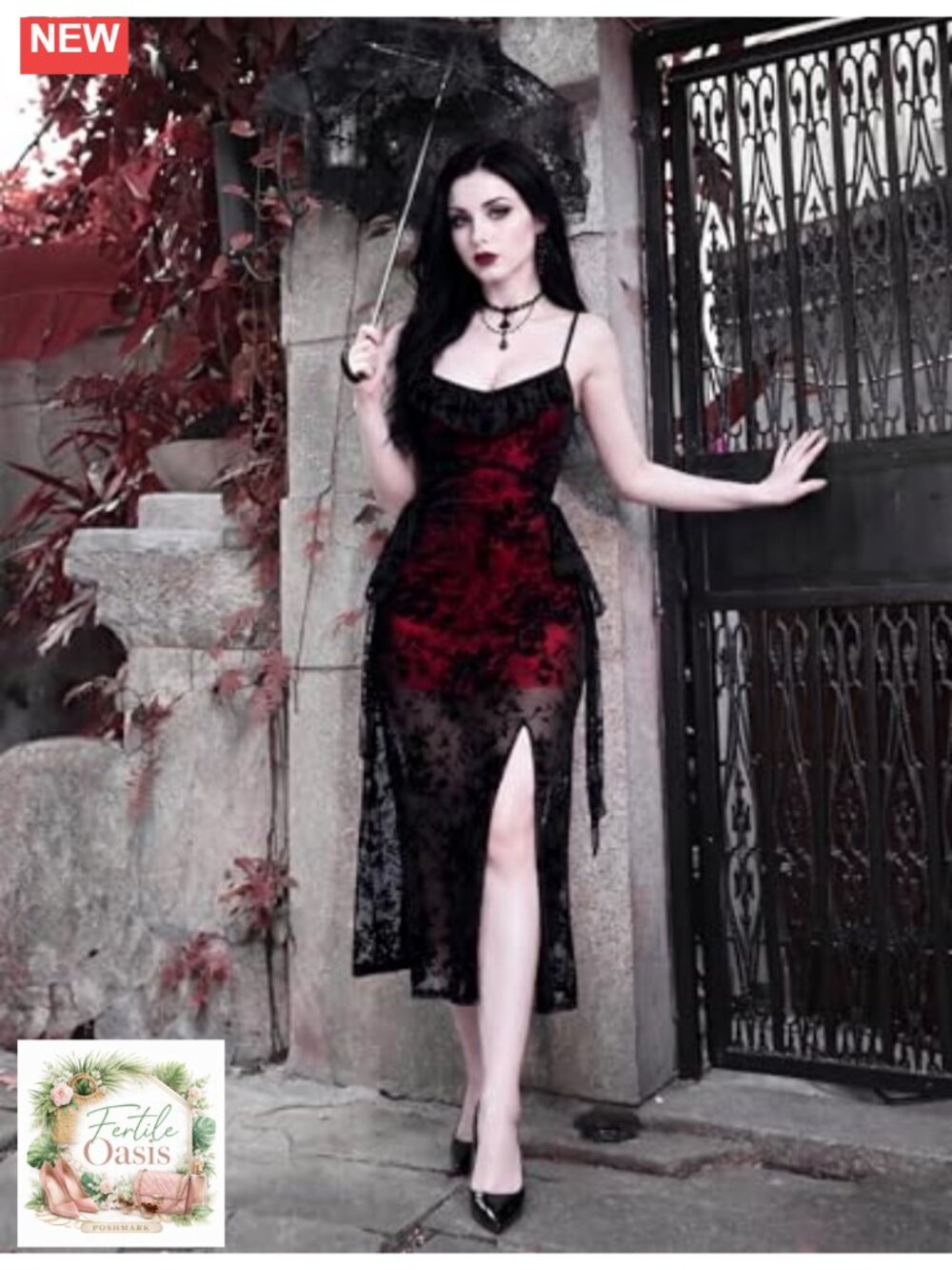 Victorian Gothic Dress Black Red Floral Lace Vampire Goth Dress - Picture 6 of 6